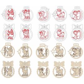 Изделия из дерева (фанеры) 10 моделей новогодних игрушек для елки в векторе DXF №12 с символом 2021 года Бык tm-19-9333 купить в твоимодели.рф