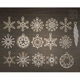 Изделия из дерева (фанеры) 15 моделей новогодних игрушек снежинки для елки в векторе DXF №16 + сосулька tm-19-9365 купить в твоимодели.рф