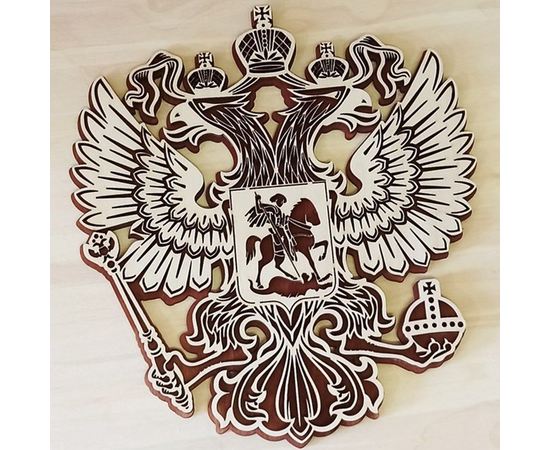 Изделия из дерева (фанеры) Герб Российской Федерации из дерева 32 см на стену, Двуглавый орел РФ, панно в кабинет, подарок, сувенир tm-07-23-g-2 купить в твоимодели.рф