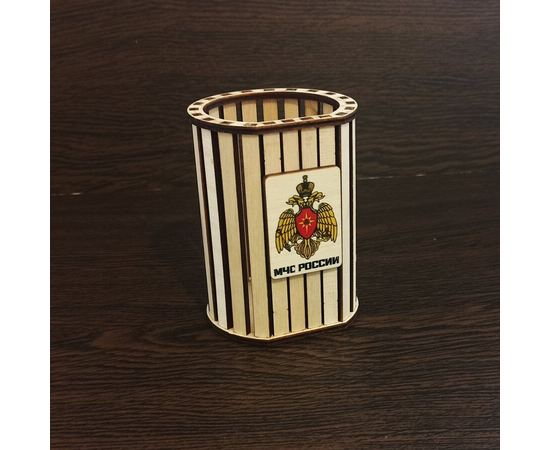 Изделия из дерева (фанеры) Подарочная карандашница с логотипом и символикой МЧС России (бюджетный групповой подарок) tma-02032022-mch купить в твоимодели.рф